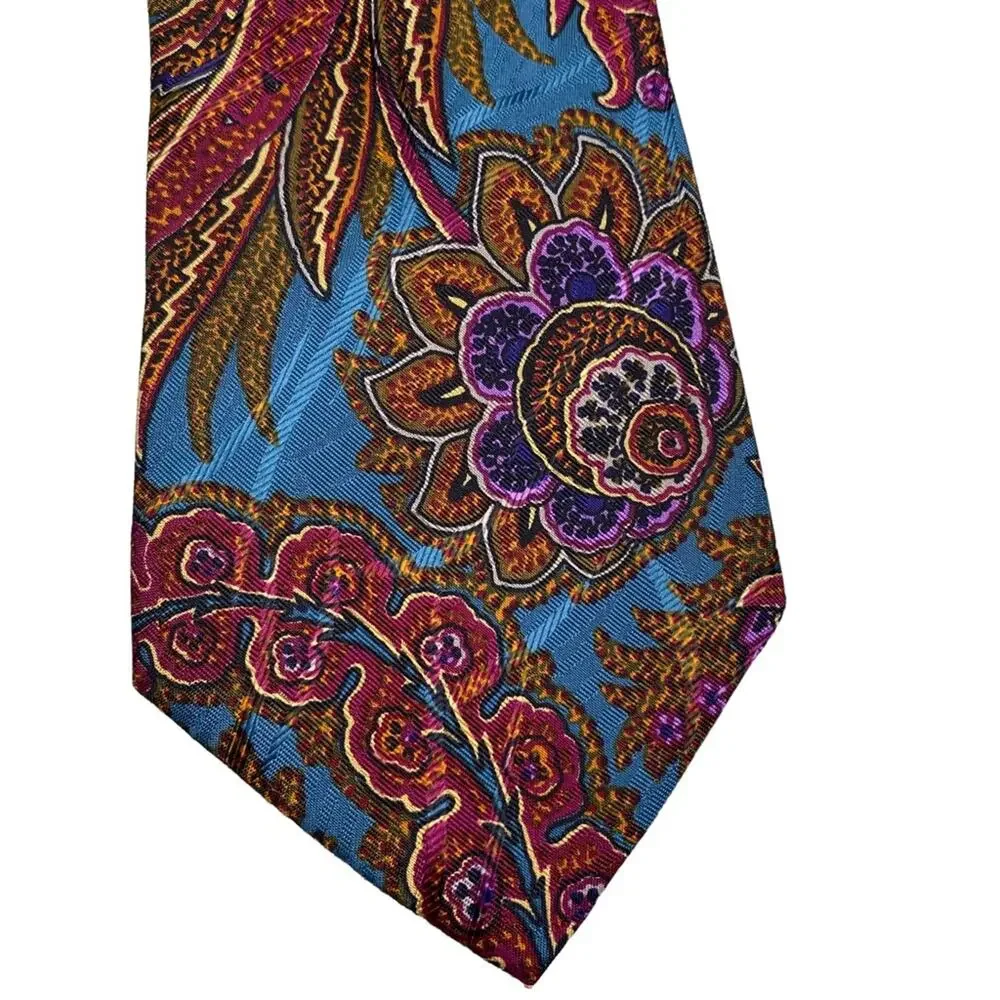 Vintage Burberry Paisley Blue Brown 100 Silk Han Sewn In USA Neck Tie